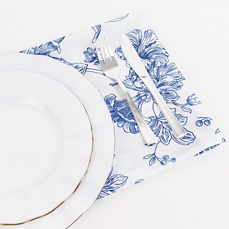 5 Floral Polyester Napkins 20x20 with French Toile Pattern - White