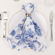 5 Floral Polyester Napkins 20x20 with French Toile Pattern - White