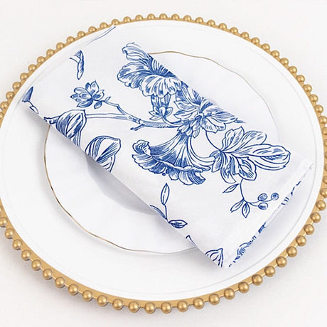 5 Floral Polyester Napkins 20x20 with French Toile Pattern - White