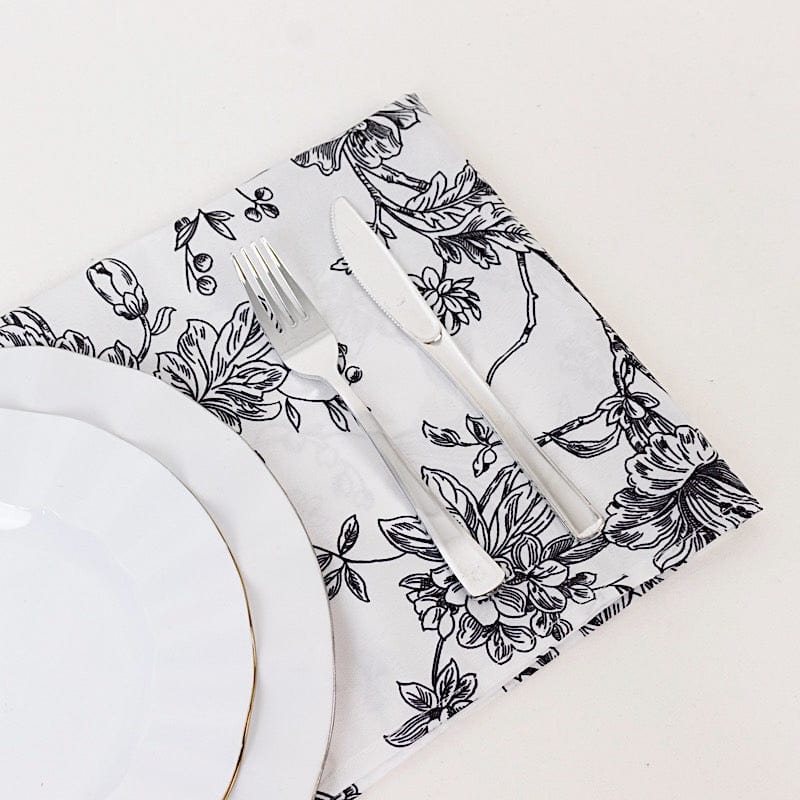 5 Floral Polyester Napkins 20x20 with French Toile Pattern - White
