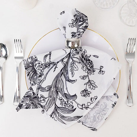 5 Floral Polyester Napkins 20x20 with French Toile Pattern - White