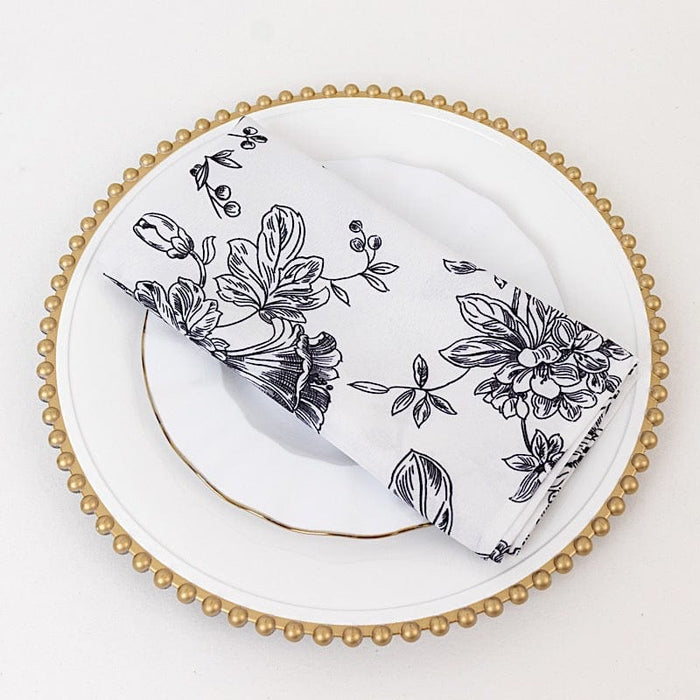 5 Floral Polyester Napkins 20x20 with French Toile Pattern - White