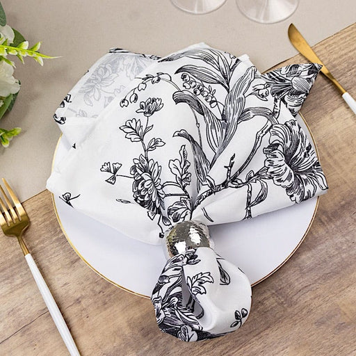 5 Floral Polyester Napkins 20x20 with French Toile Pattern - White