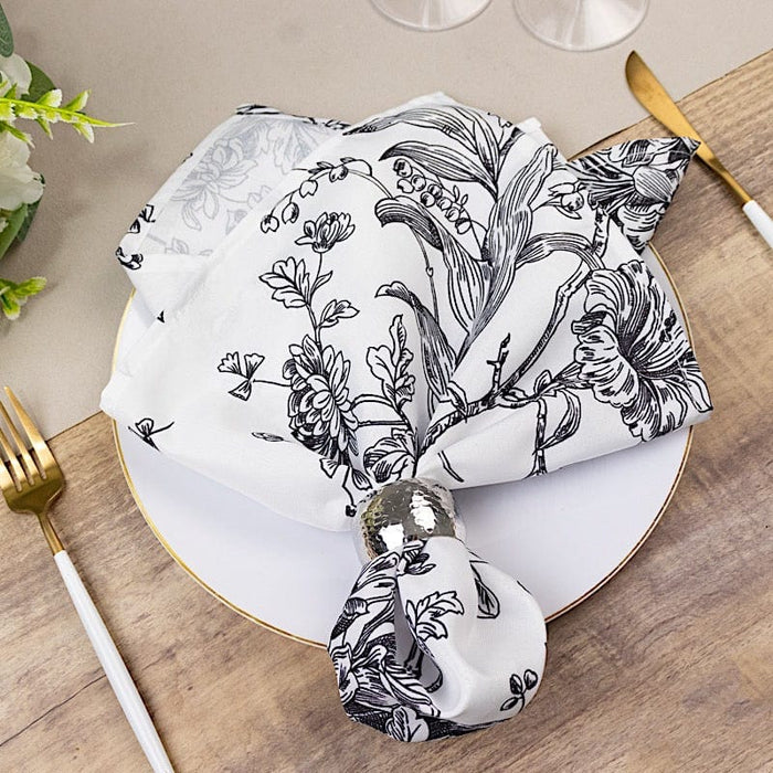 5 Floral Polyester Napkins 20x20 with French Toile Pattern - White