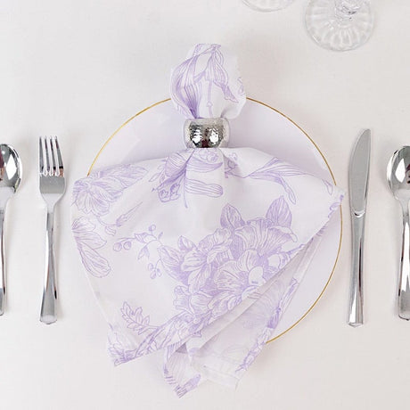 5 Floral Polyester Napkins 20x20 with French Toile Pattern - White