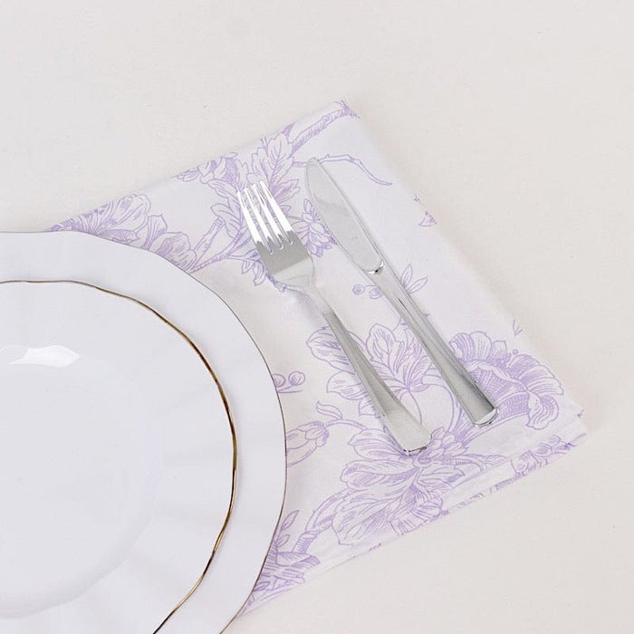 5 Floral Polyester Napkins 20x20 with French Toile Pattern - White