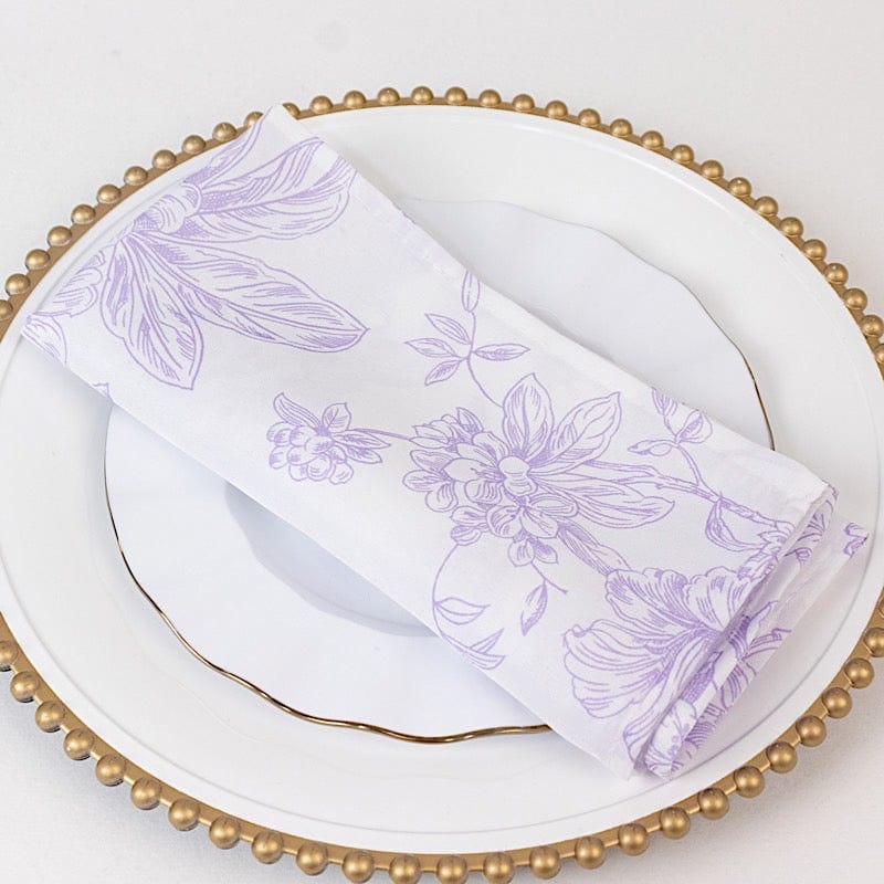 5 Floral Polyester Napkins 20x20 with French Toile Pattern - White