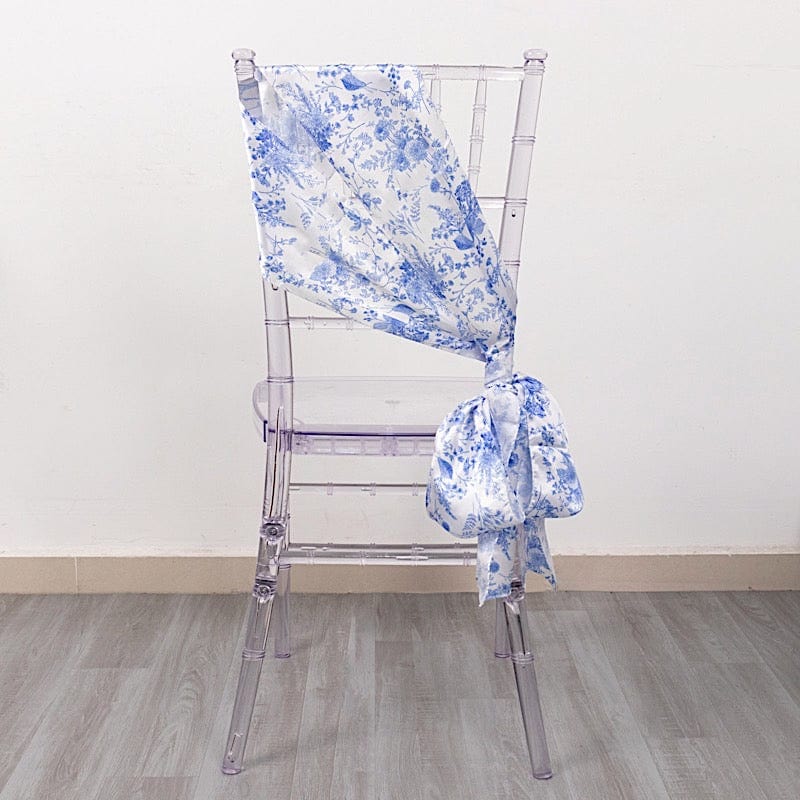 5 Floral Print Satin Chair Sashes - White with Blue SASH_STN_FLOR_BLUE