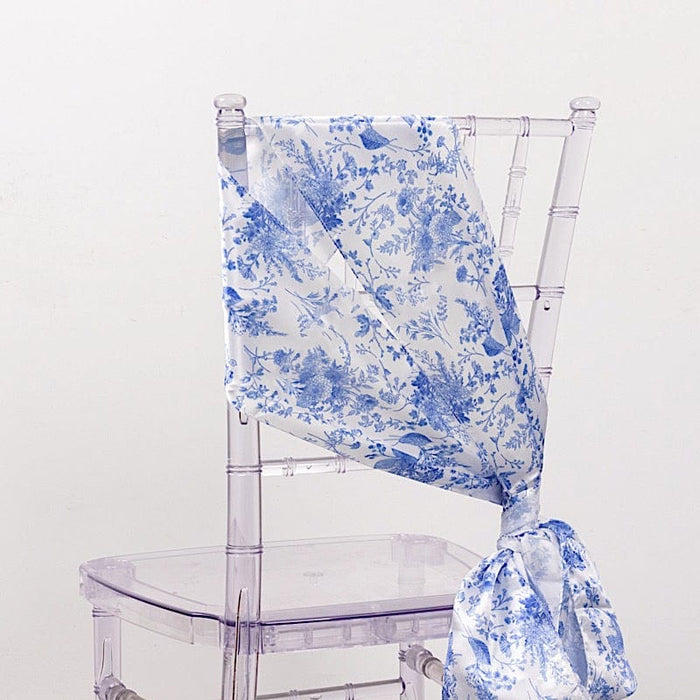 5 Floral Print Satin Chair Sashes - White with Blue SASH_STN_FLOR_BLUE