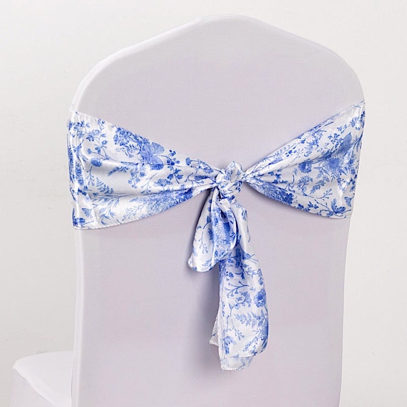 5 Floral Print Satin Chair Sashes - White with Blue SASH_STN_FLOR_BLUE