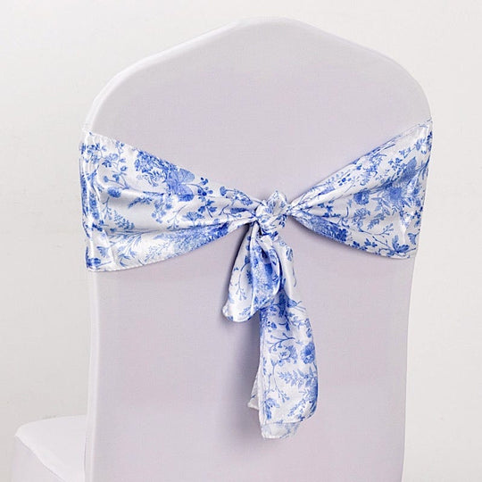 5 Floral Print Satin Chair Sashes - White with Blue SASH_STN_FLOR_BLUE