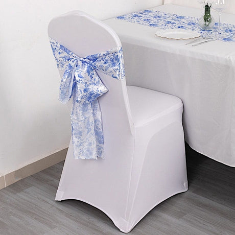5 Floral Print Satin Chair Sashes - White with Blue SASH_STN_FLOR_BLUE