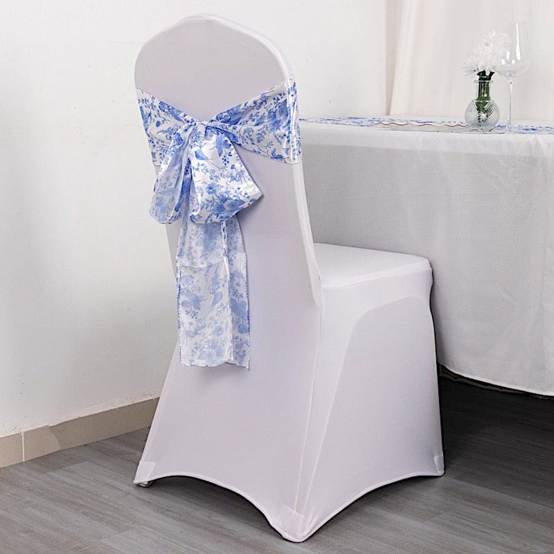 5 Floral Print Satin Chair Sashes - White with Blue SASH_STN_FLOR_BLUE