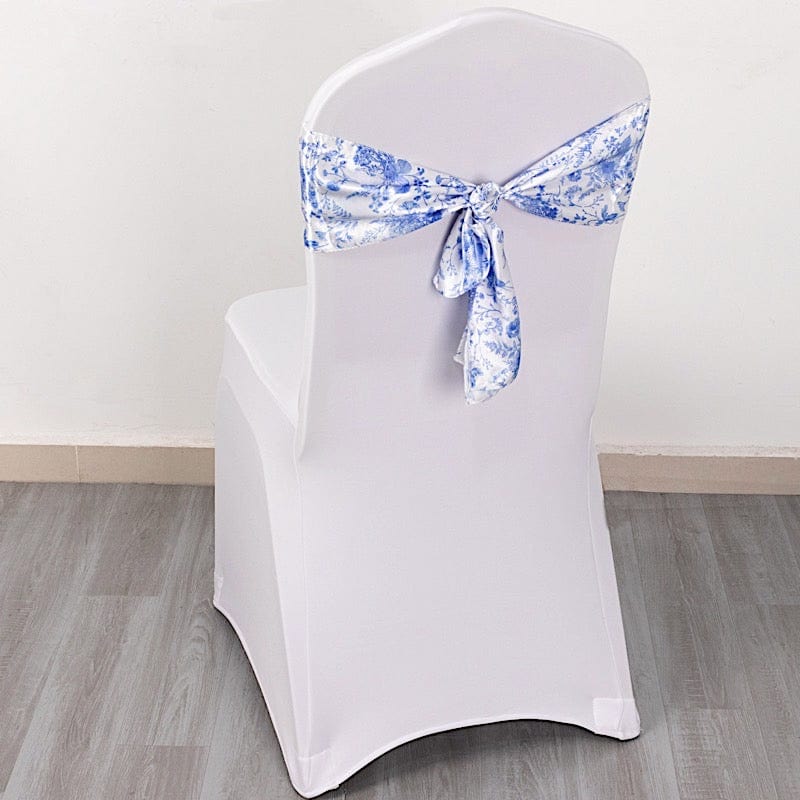 5 Floral Print Satin Chair Sashes - White with Blue SASH_STN_FLOR_BLUE