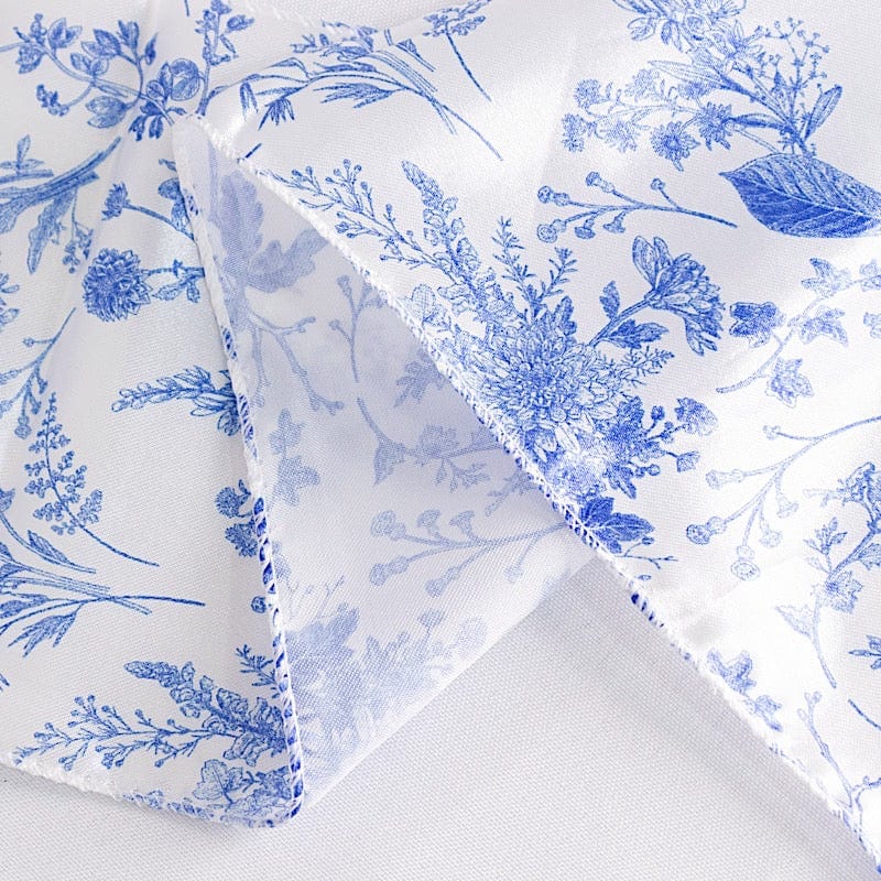 5 Floral Print Satin Chair Sashes - White with Blue SASH_STN_FLOR_BLUE