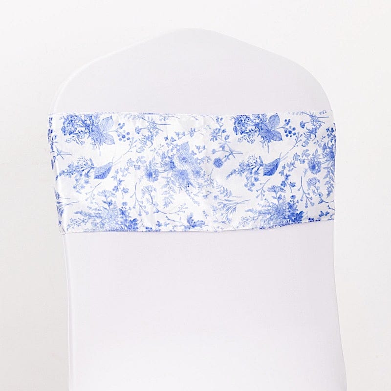 5 Floral Print Satin Chair Sashes - White with Blue SASH_STN_FLOR_BLUE