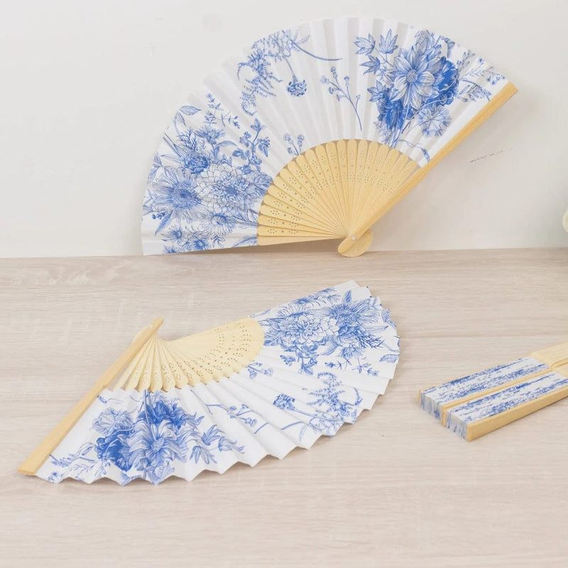 5 Handheld Paper Folding Fans with French Toile Pattern