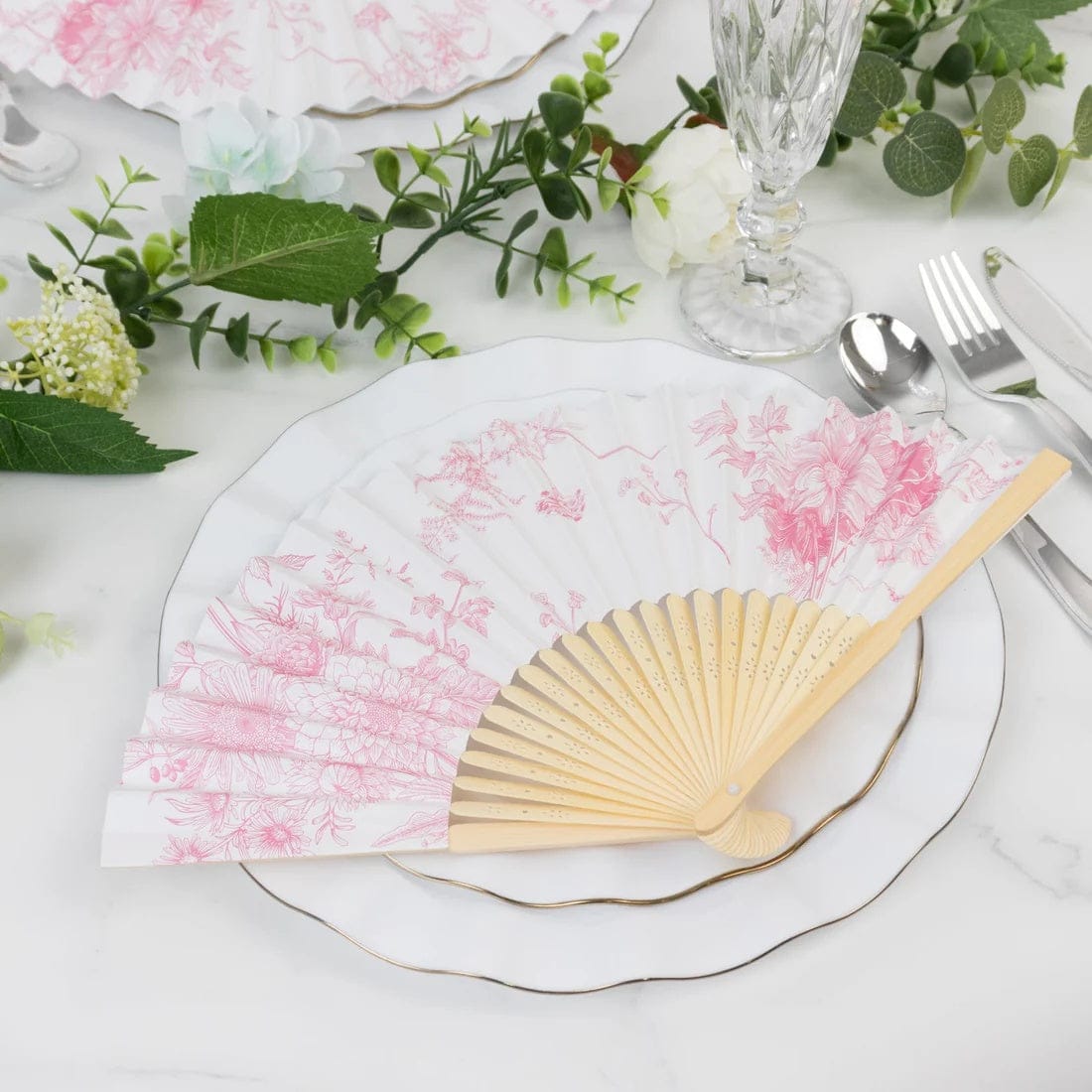 5 Handheld Paper Folding Fans with French Toile Pattern