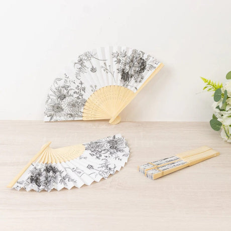 5 Handheld Paper Folding Fans with French Toile Pattern