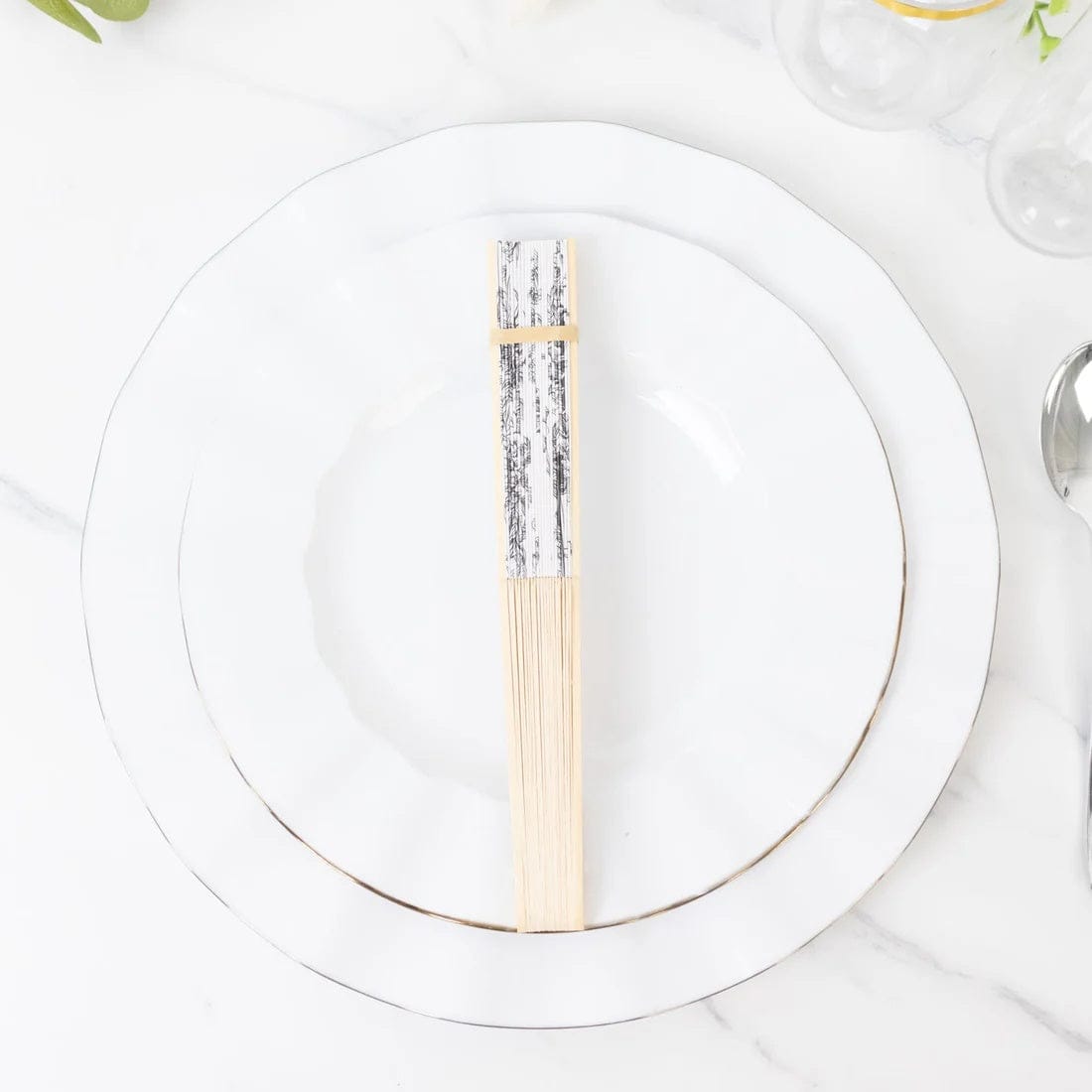 5 Handheld Paper Folding Fans with French Toile Pattern