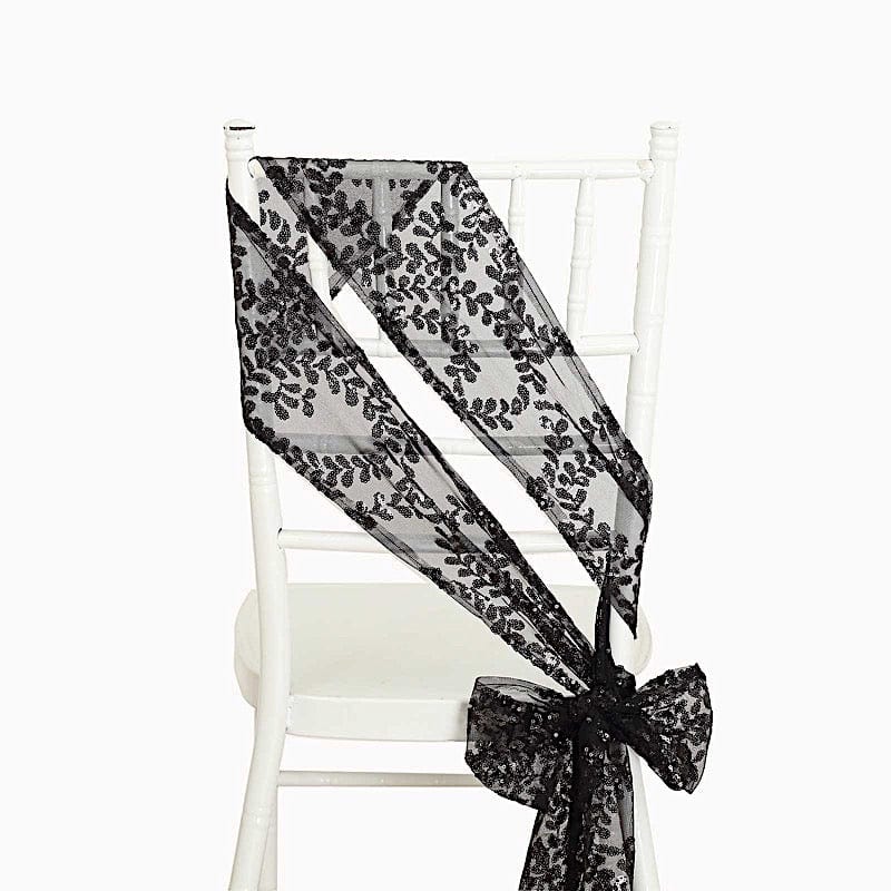 5 Leaf Vine Embroidered Sequin Tulle Chair Sashes SASH_02_FLOR_BLK