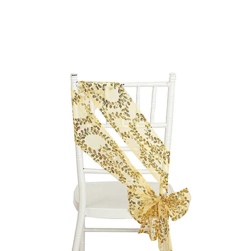 5 Leaf Vine Embroidered Sequin Tulle Chair Sashes SASH_02_FLOR_GOLD
