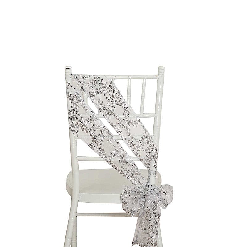 5 Leaf Vine Embroidered Sequin Tulle Chair Sashes SASH_02_FLOR_SILV