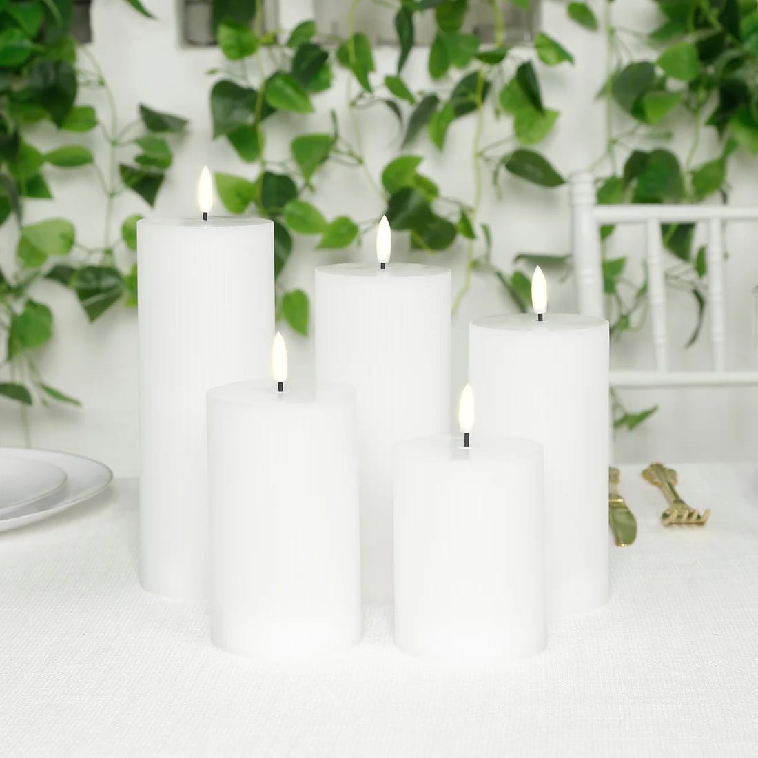 5 LED Flameless Pillar Candles Battery Operated Flickering with Ribbed Design - Warm White