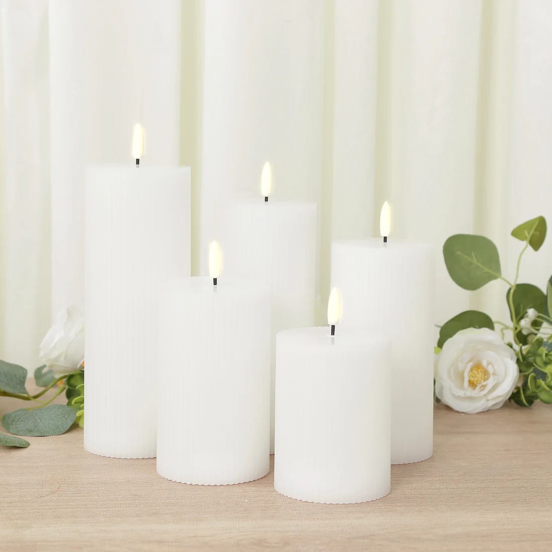 5 LED Flameless Pillar Candles Battery Operated Flickering with Ribbed Design - Warm White