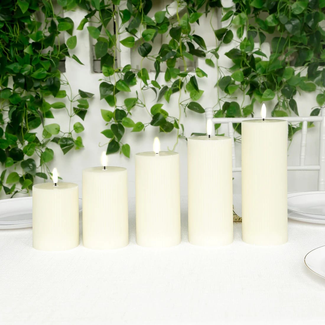 5 LED Flameless Pillar Candles Battery Operated Flickering with Ribbed Design - Warm White