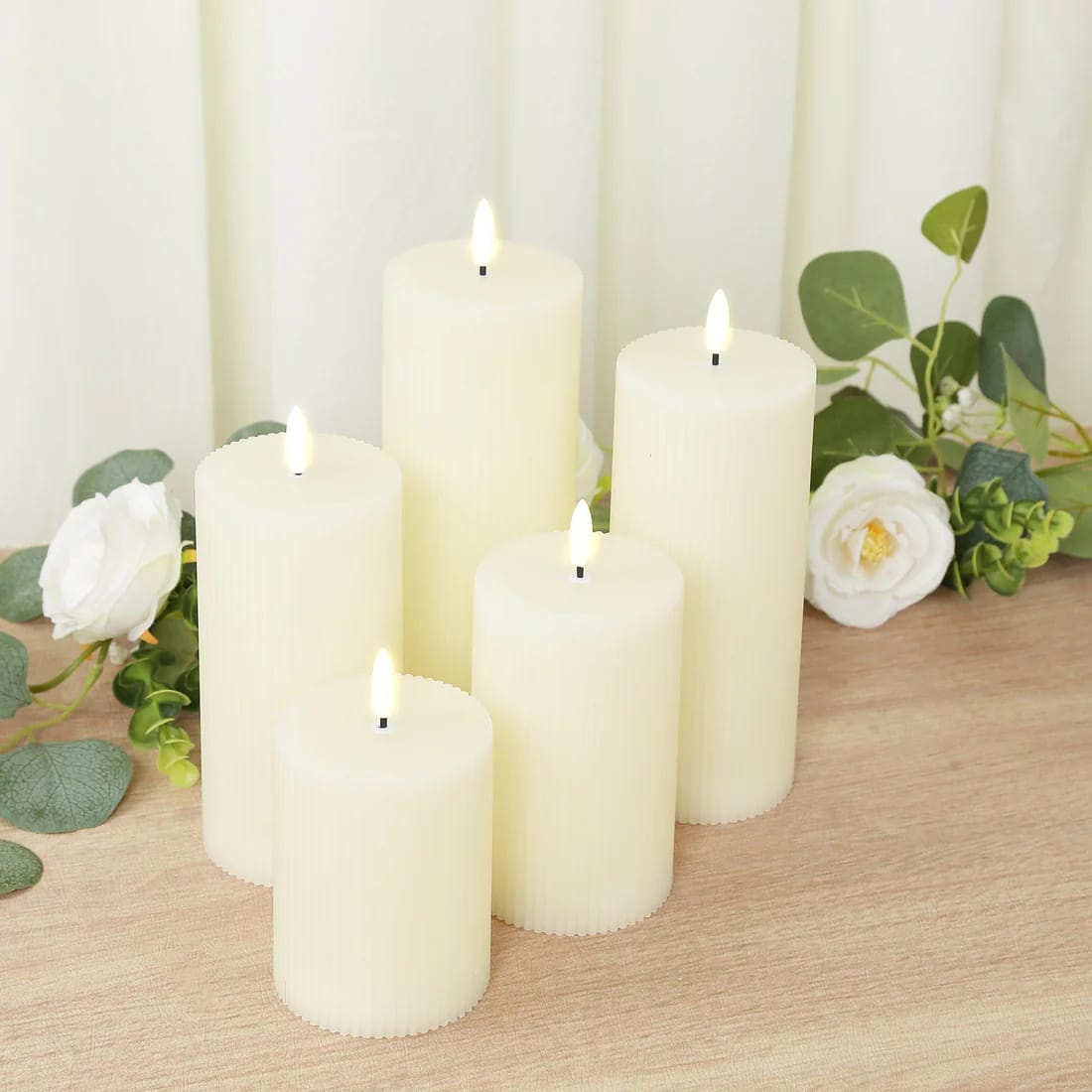 5 LED Flameless Pillar Candles Battery Operated Flickering with Ribbed Design - Warm White