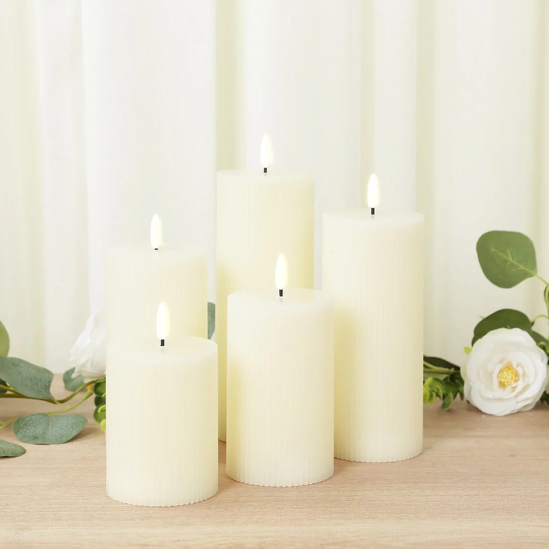 5 LED Flameless Pillar Candles Battery Operated Flickering with Ribbed Design - Warm White