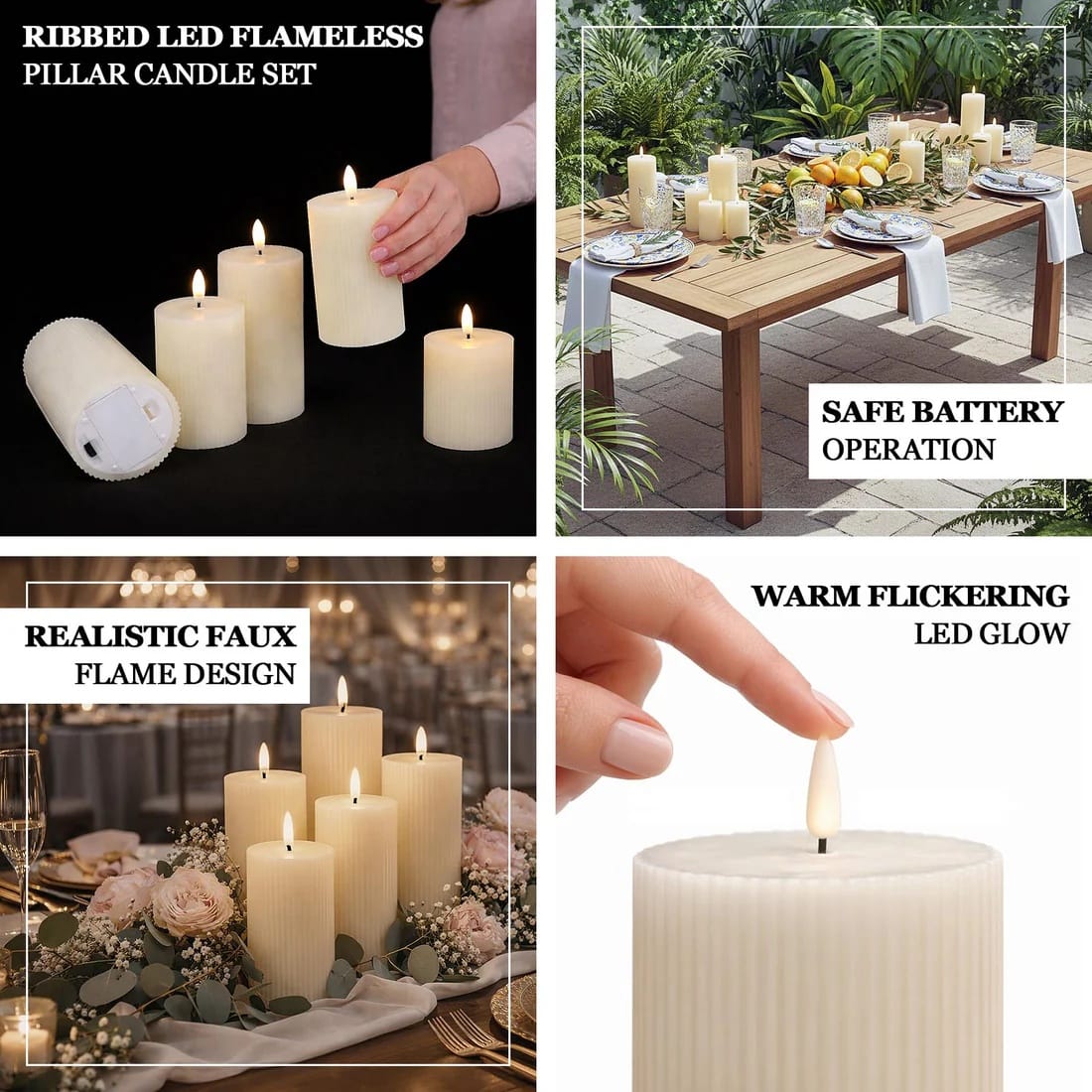 5 LED Flameless Pillar Candles Battery Operated Flickering with Ribbed Design - Warm White