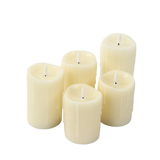 5 LED Warm White Candles Battery Operated Dripping Wax Design Pillar Lights - Ivory LED_CAND_PL06_SET_3_IVR