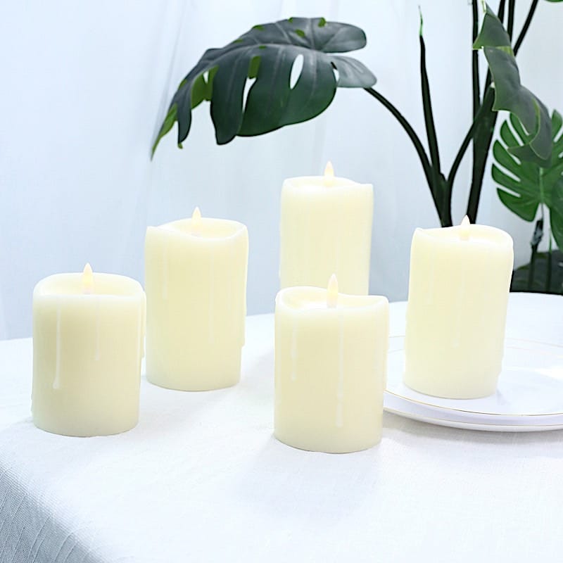 5 LED Warm White Candles Battery Operated Dripping Wax Design Pillar Lights - Ivory LED_CAND_PL06_SET_3_IVR