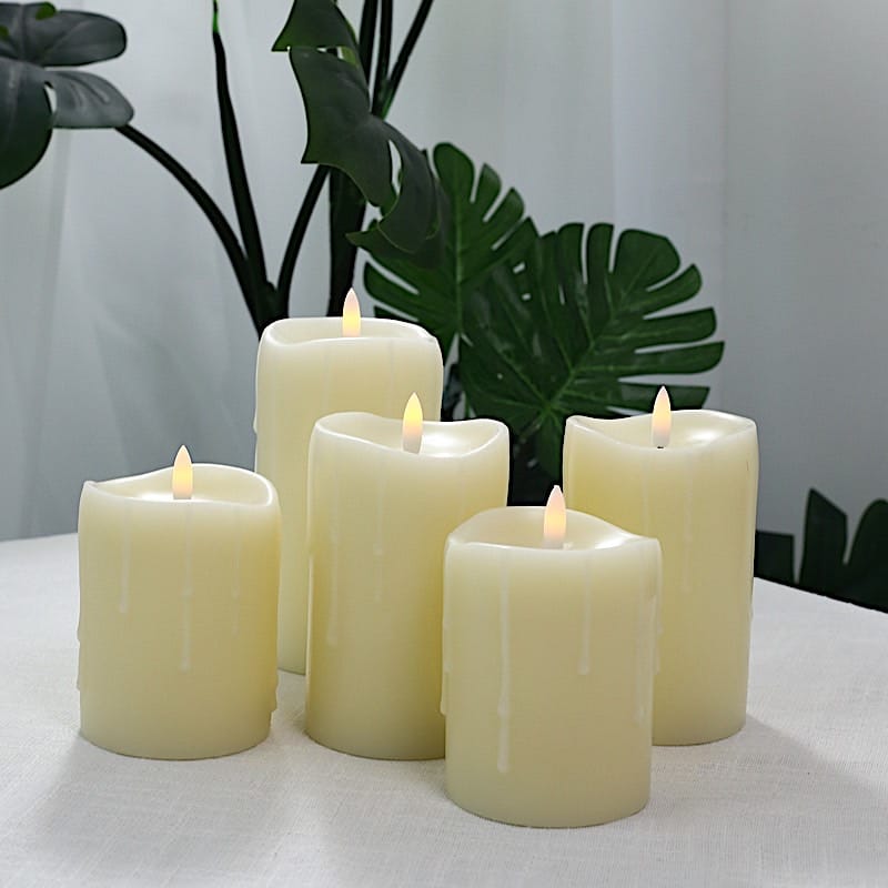 5 LED Warm White Candles Battery Operated Dripping Wax Design Pillar Lights - Ivory LED_CAND_PL06_SET_3_IVR