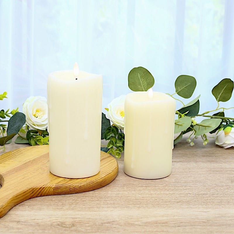 5 LED Warm White Candles Battery Operated Dripping Wax Design Pillar Lights - Ivory LED_CAND_PL06_SET_3_IVR