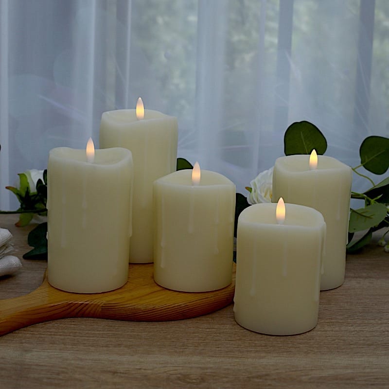5 LED Warm White Candles Battery Operated Dripping Wax Design Pillar Lights - Ivory LED_CAND_PL06_SET_3_IVR