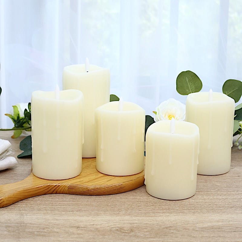 5 LED Warm White Candles Battery Operated Dripping Wax Design Pillar Lights - Ivory LED_CAND_PL06_SET_3_IVR