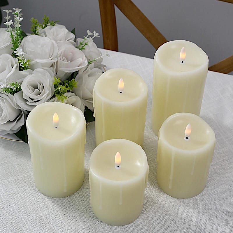 5 LED Warm White Candles Battery Operated Dripping Wax Design Pillar Lights - Ivory LED_CAND_PL06_SET_3_IVR