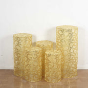 5 Mesh with Embroidered Leaf Vine Sequins Cylinder Display Stand Covers Set