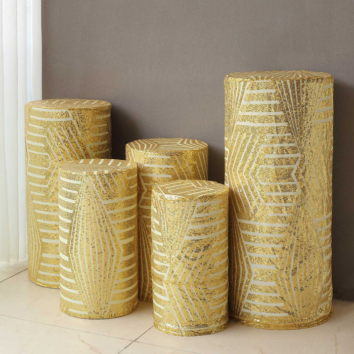 5 Mesh with Geometric Embroidered Sequins Cylinder Display Stand Covers Set
