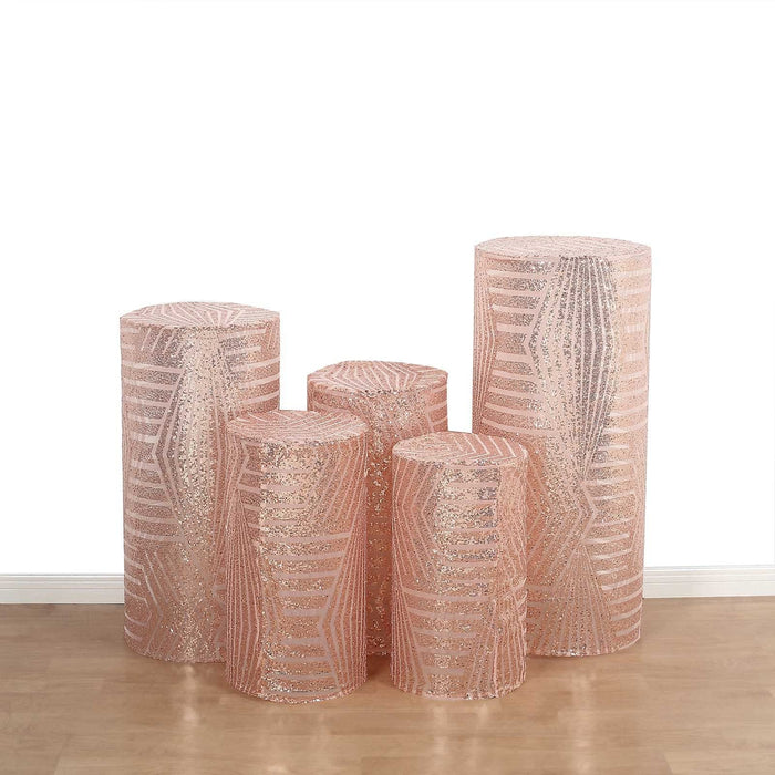 5 Mesh with Geometric Embroidered Sequins Cylinder Display Stand Covers Set