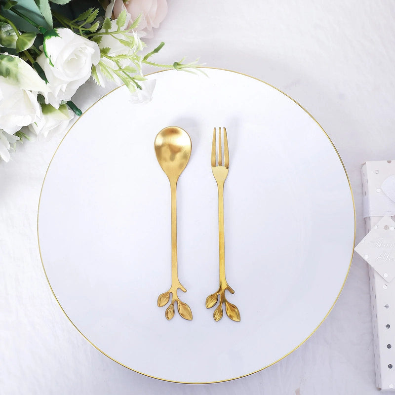 5" Metal Spoon and Fork with Leaves Shaped Handle Favors Set in a Gift Box - Gold FAV_GF_ST_008_GOLD