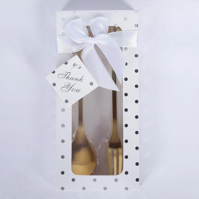 5" Metal Spoon and Fork with Leaves Shaped Handle Favors Set in a Gift Box - Gold FAV_GF_ST_008_GOLD