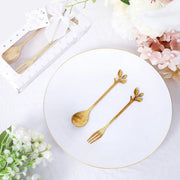 5" Metal Spoon and Fork with Leaves Shaped Handle Favors Set in a Gift Box - Gold FAV_GF_ST_008_GOLD