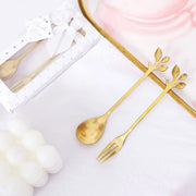 5" Metal Spoon and Fork with Leaves Shaped Handle Favors Set in a Gift Box - Gold FAV_GF_ST_008_GOLD