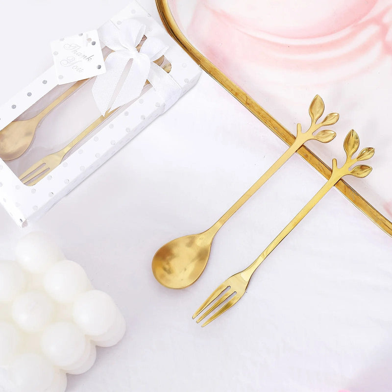 5" Metal Spoon and Fork with Leaves Shaped Handle Favors Set in a Gift Box - Gold FAV_GF_ST_008_GOLD