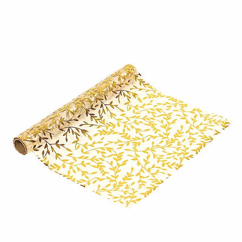 5 Organza Mesh Table Runner Rolls with Gold Foil Leaf Vines - White RUN_MET14_GOLD_PK