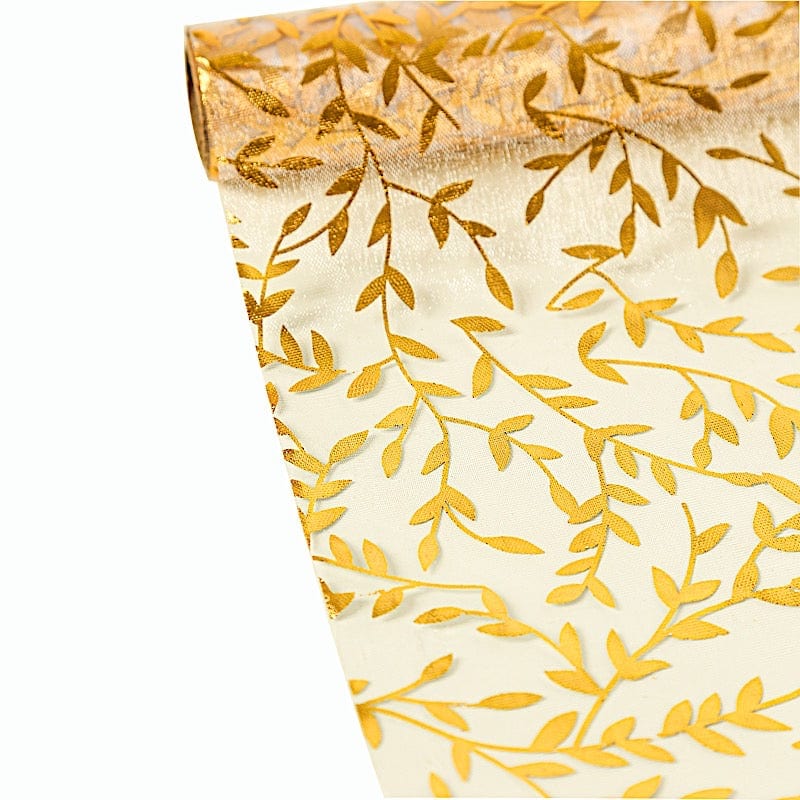 5 Organza Mesh Table Runner Rolls with Gold Foil Leaf Vines - White RUN_MET14_GOLD_PK